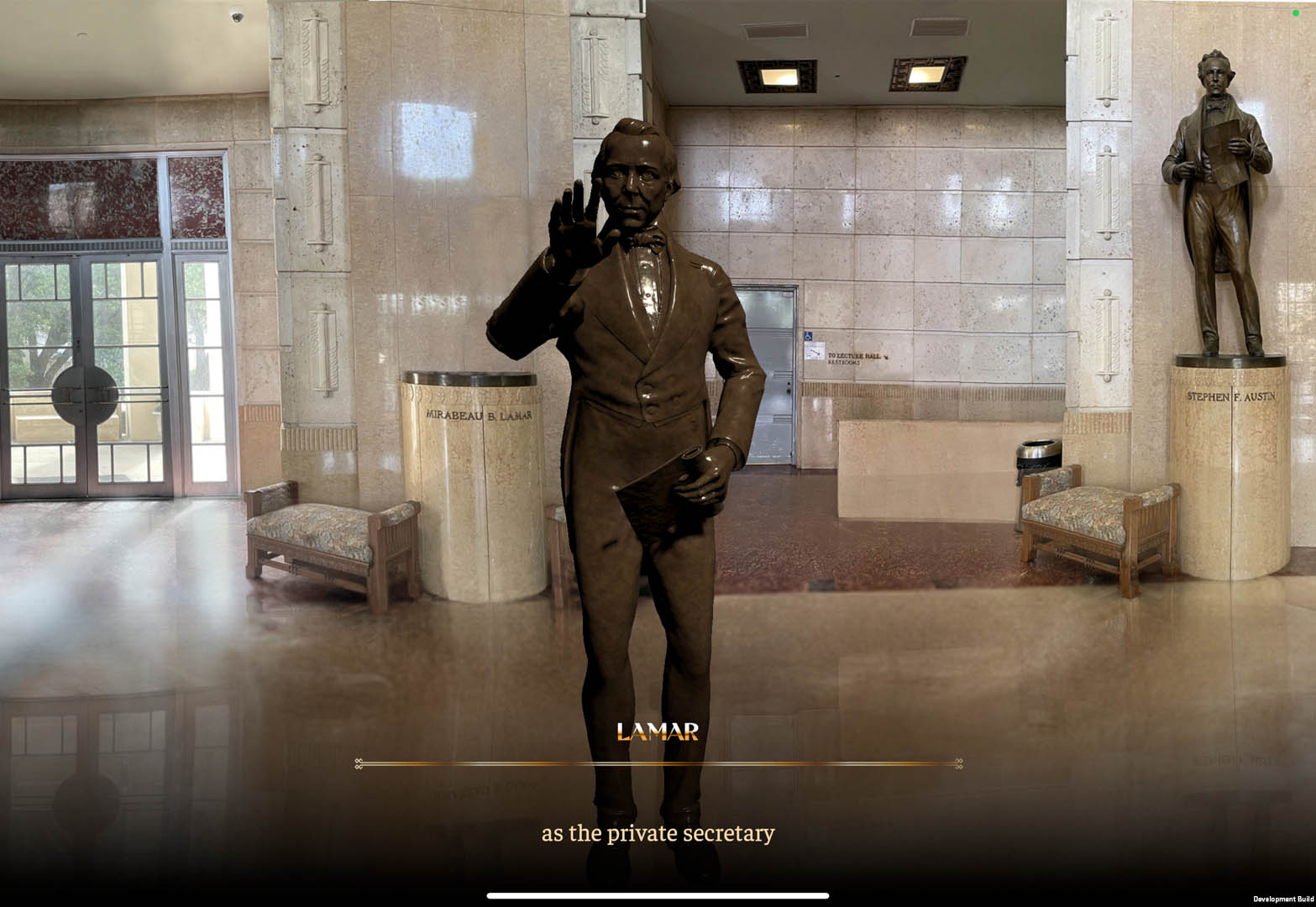 AR screen showing an animated bronze statue of Mirabeau B. Lamar gesturing in a museum hall with the subtitle 'as the private secretary' displayed at the bottom.