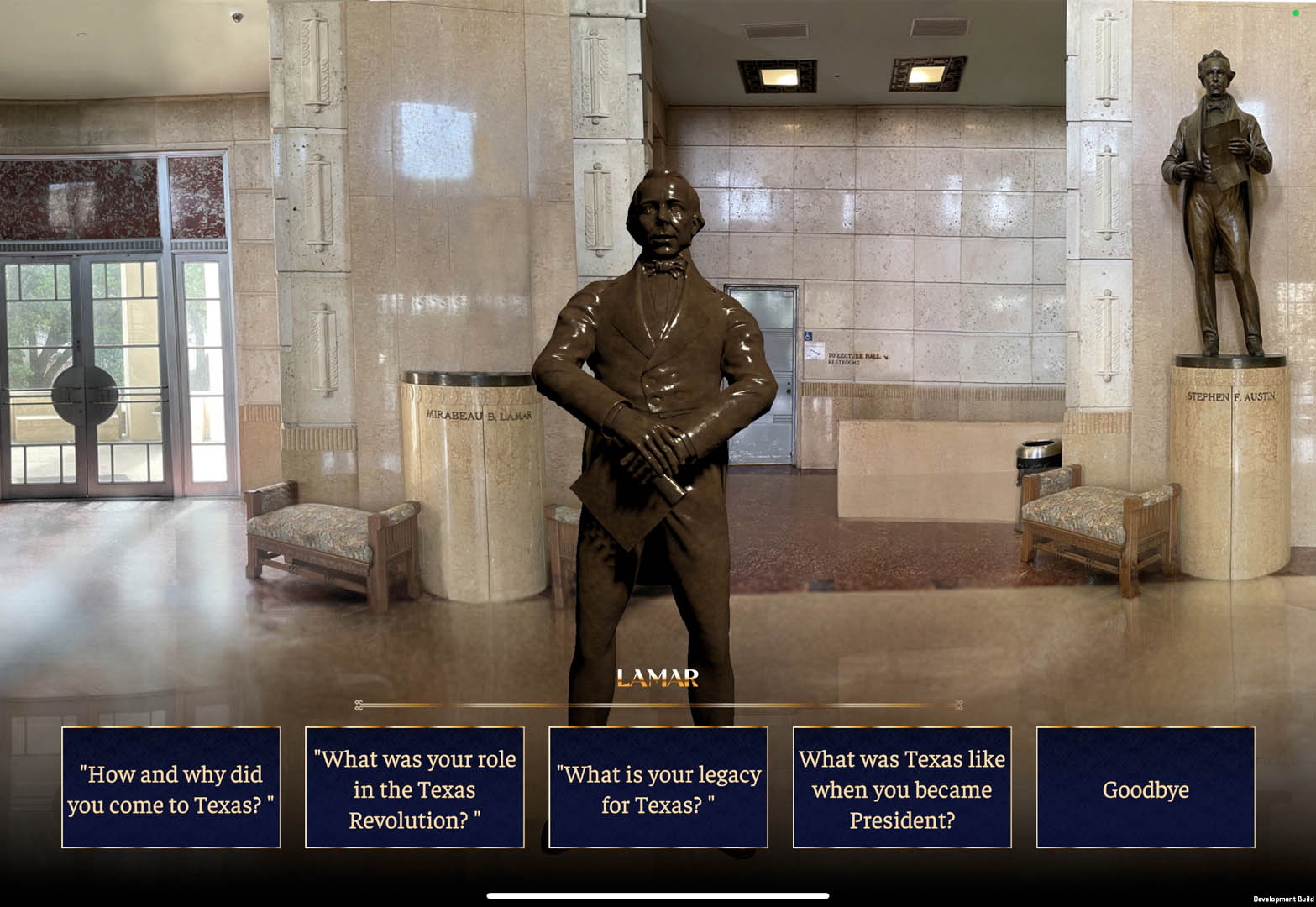 Augmented reality screen showing a bronze statue of Mirabeau B. Lamar in a museum hall with five selectable conversation prompt buttons at the bottom.
