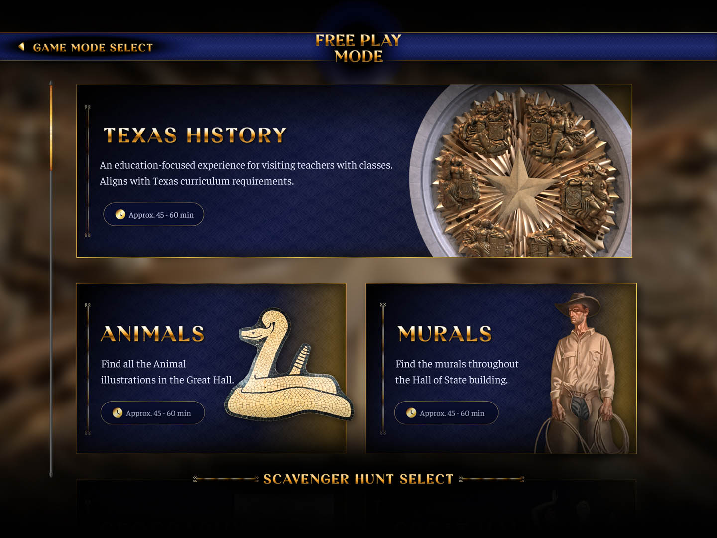 Free Play Mode game selection screen with three scavenger hunt options: Texas History, Animals, and Murals, each showing estimated 45–60 minute completion times.