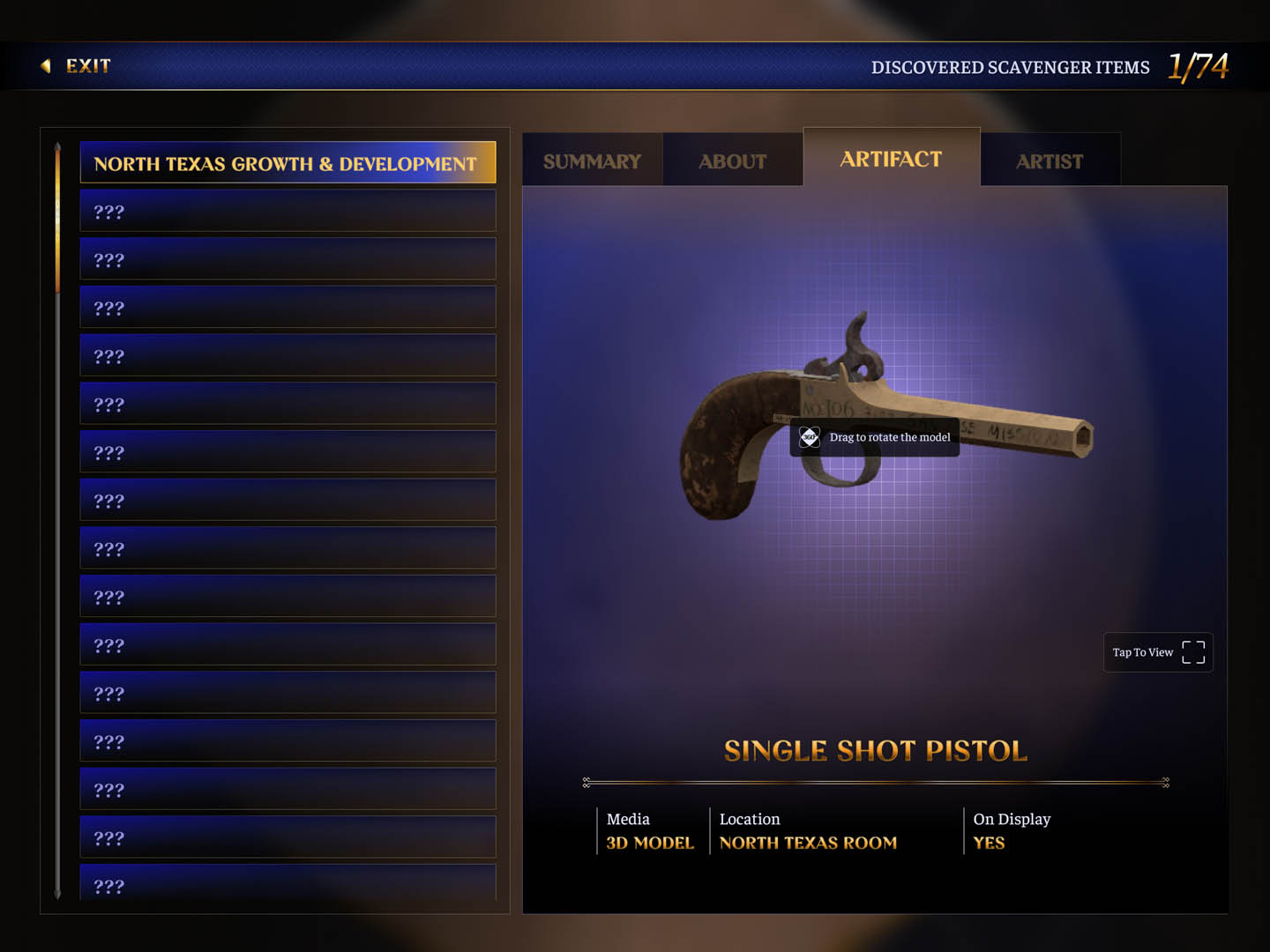 Interface screen showing a 3D single-shot pistol model in a museum scavenger hunt viewer, with item list and artifact details panel.