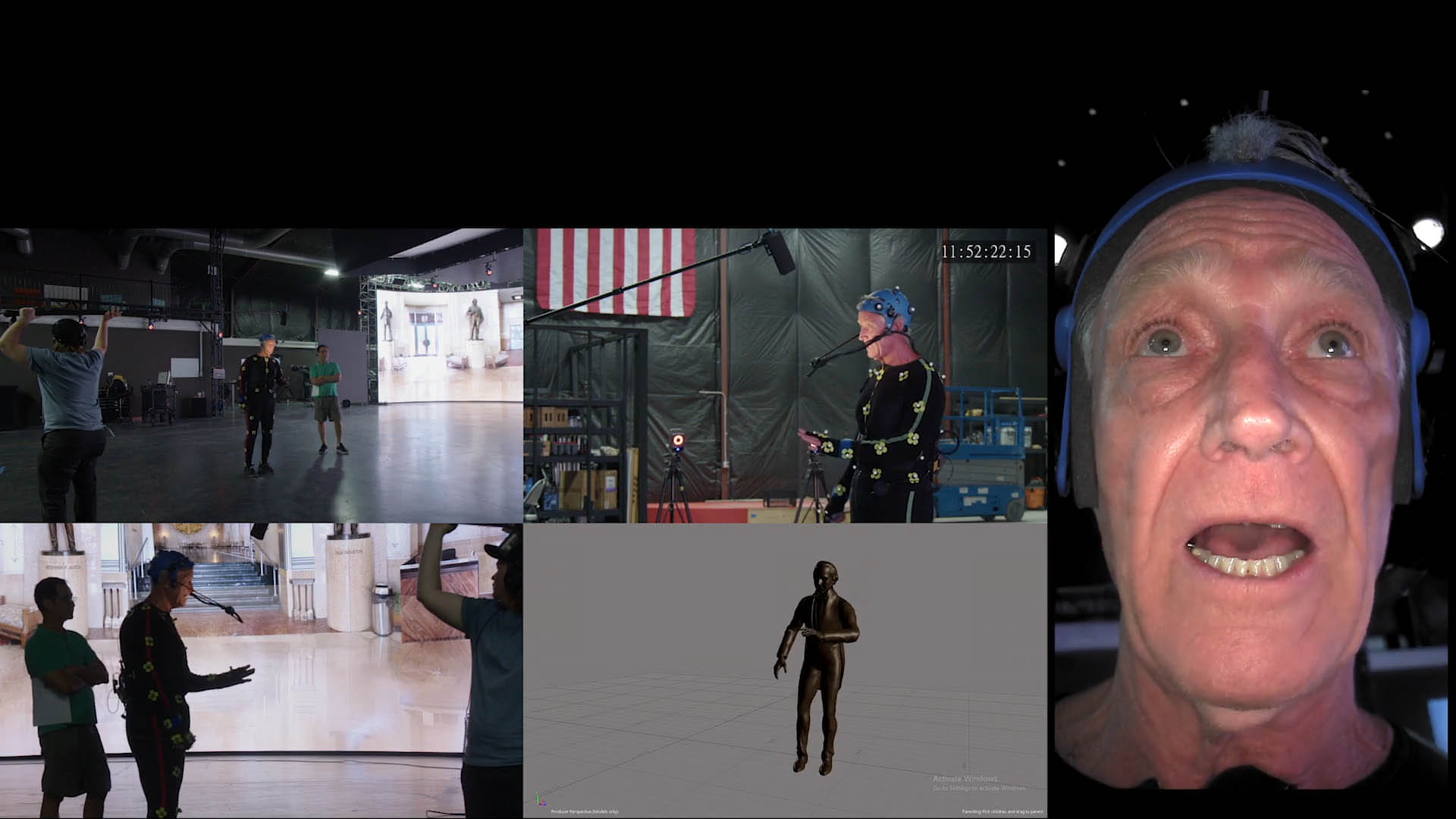 Multi-camera motion capture production session with performers in a studio and museum setting, a 3D animated character preview, and a close-up of a smiling actor wearing a headset.